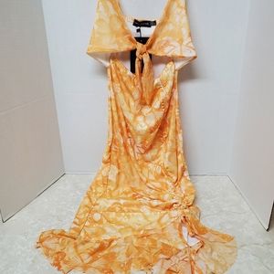 Pretty Little Things Orange Yellow Sexy Butterfly Dress Tie Front Ruched Mesh